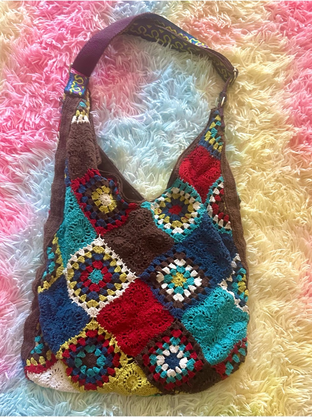 Crochet Patchwork Shoulder Bag in Multicolor